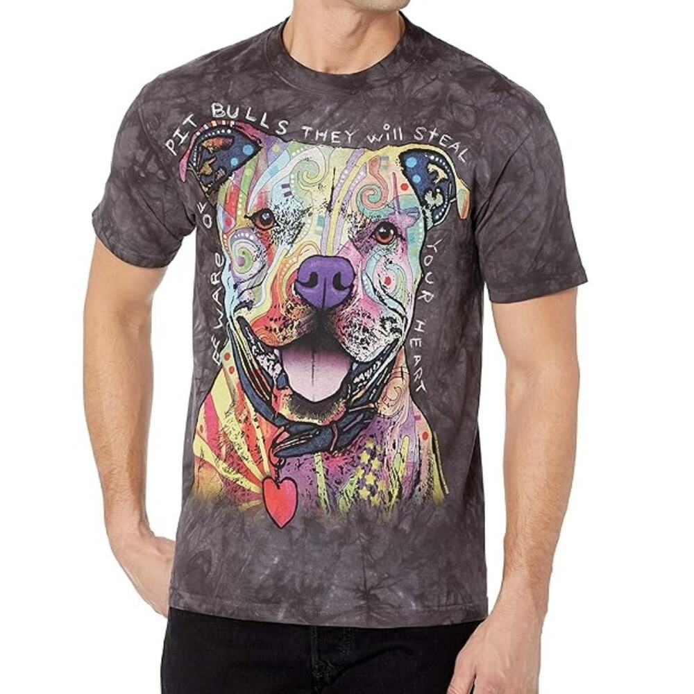The Mountain Beware of Pit Bulls Graphic Tee Mens Medium Gray Dog T-Shirt